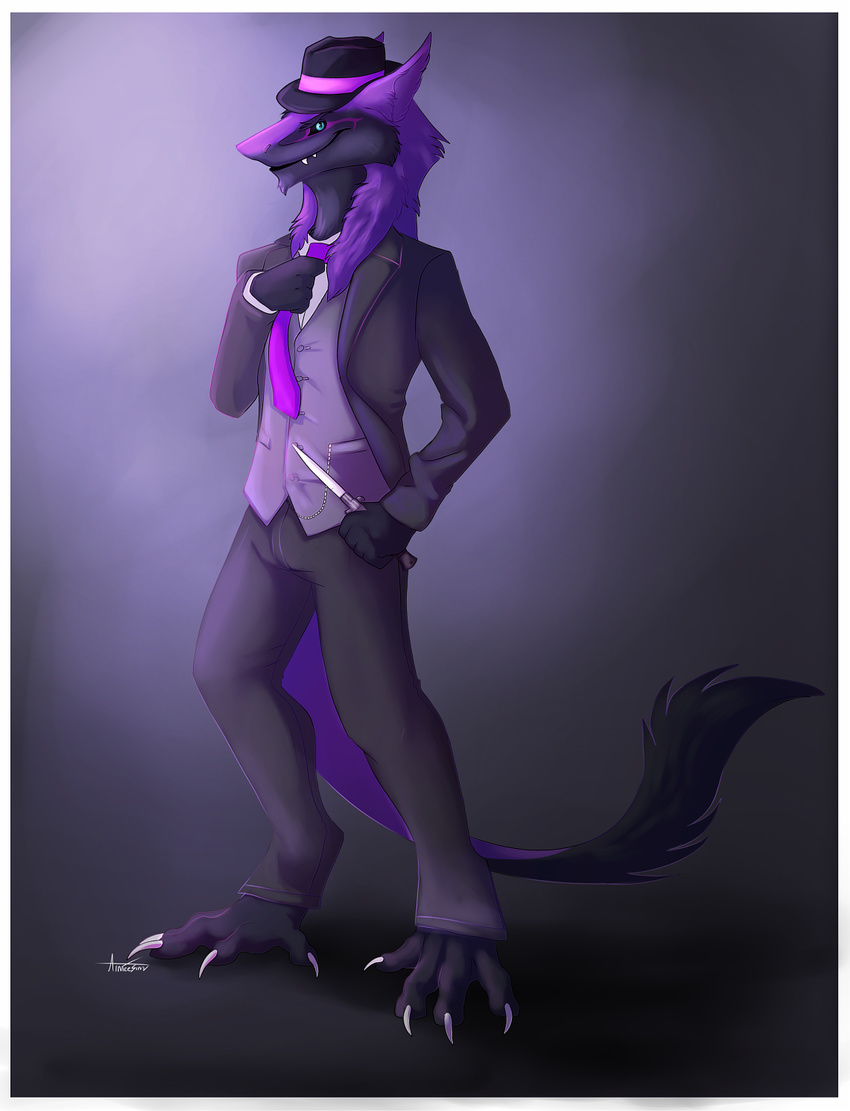 abstract_background aimee-lesley-sim black_fur clothing fur hat knife looking_at_viewer lootz male necktie pants purple_fur purple_theme sergal smile solo suit weapon