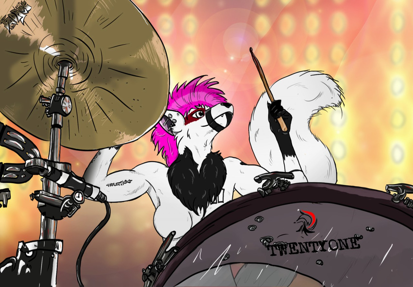 anthro black_fur breasts canine chest_tuft drum drum_set ear_piercing fangs female fur hair half-closed_eyes hellkittenx industrial_piercing mammal multicolored_fur musical_instrument nude piercing pink_hair purple_hair smile solo teeth tuft two_tone_fur white_fur