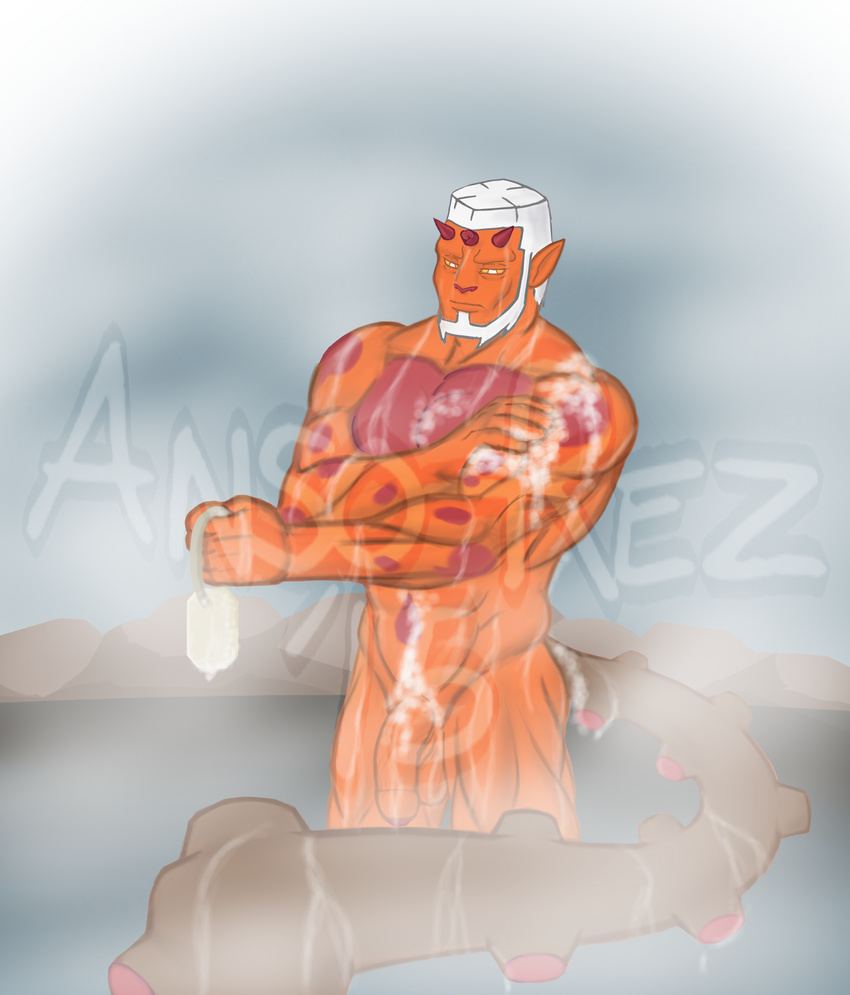 2015 5_fingers abs anso/rez anthro balls bath bathing beard biceps broken_horn butt dripping_wet facial_hair fangs flaccid hair horn hot_spring humanoid_penis landorus legendary_pok&eacute;mon male markings muscular muscular_male nintendo nude orange_skin outside partially_submerged pecs penis pok&eacute;mon simple_background soaked soap solo spots standing steam suds uncut vein veiny_penis video_games water watermark wet white_hair yellow_eyes