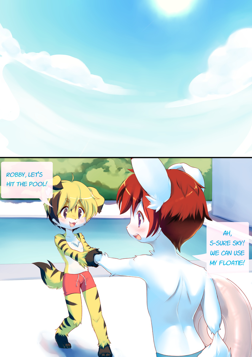anthro blonde_hair blue_eyes canine clothing comic cub dog duo fuzzwolfy hair lagomorph male male/male mammal pool_(disambiguation) rabbit red_hair rob skynex swimming_trunks swimsuit young