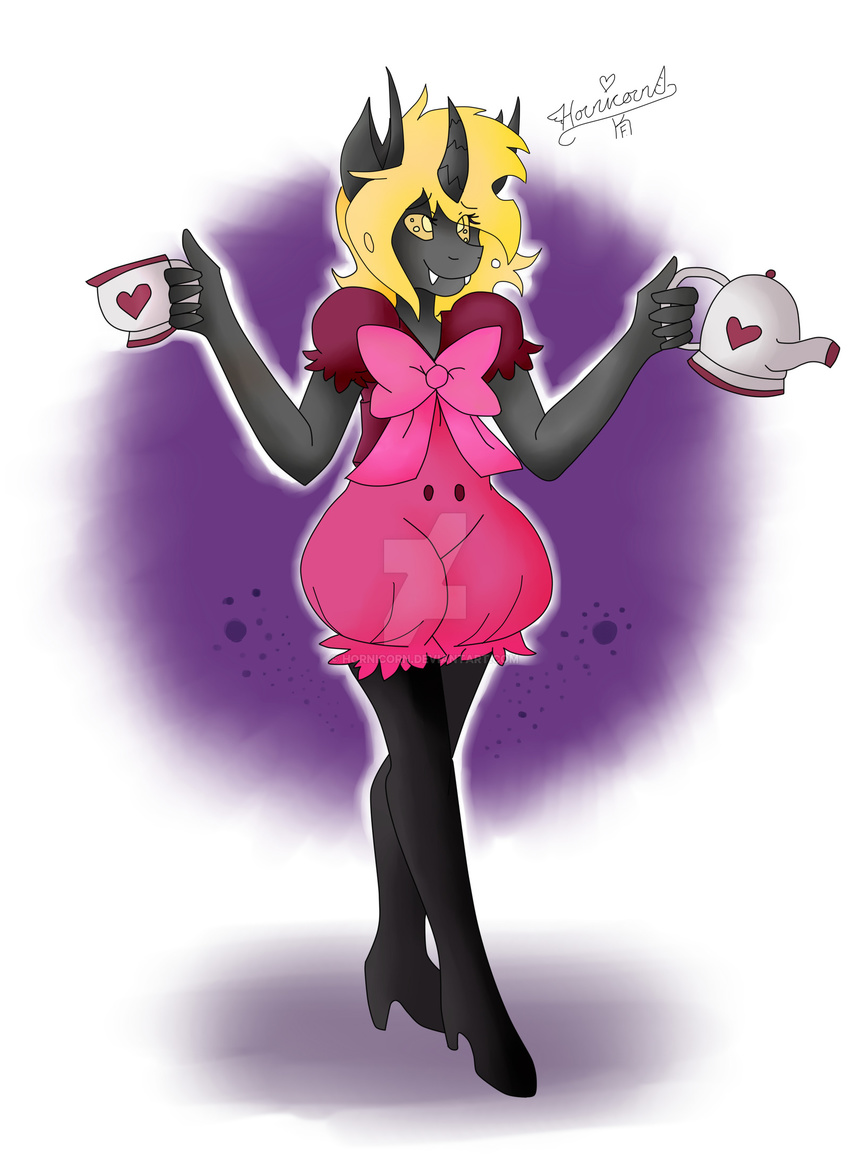 &lt;3 anthro beverage boots bow changeling clothing cosplay costume dress fan_character female food footwear friendship_is_magic harmony_melliferre hornicorn muffet my_little_pony pantaloons smile solo tea teacup teapot undertale video_games