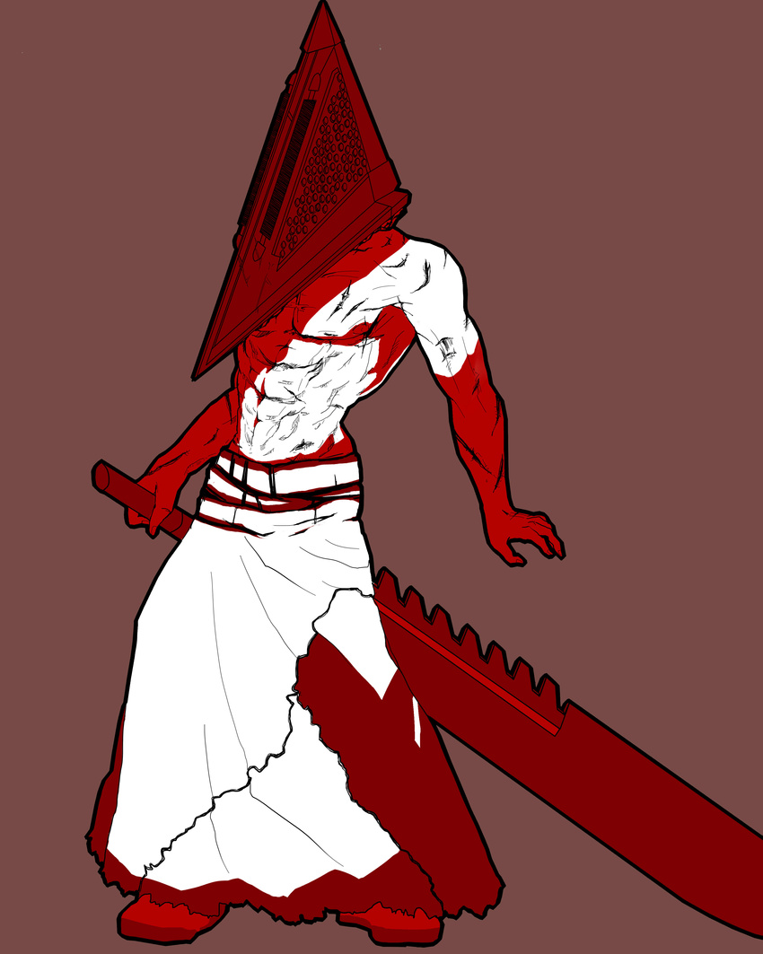 abs absurdres blood helmet highres male_focus monster pyramid_head shirtless silent_hill silent_hill_2 solo sword weapon