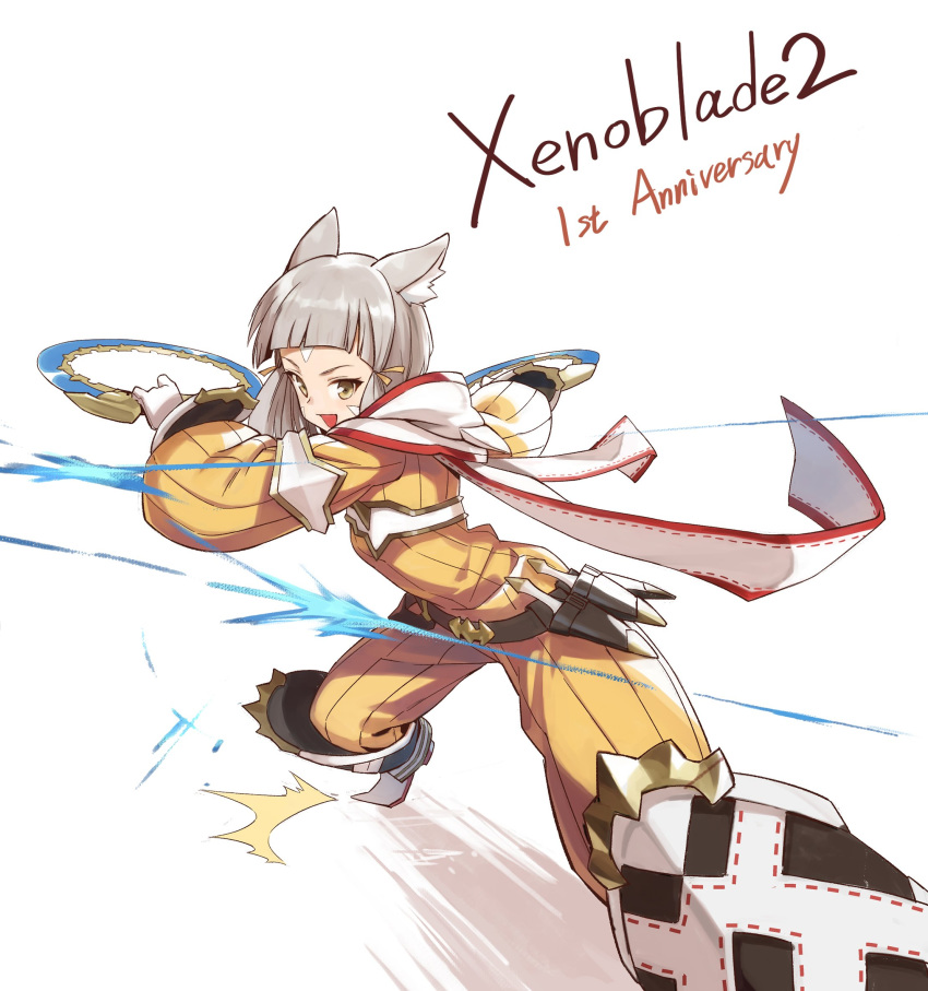 animal_ears bangs blunt_bangs blush bodysuit cat_ears gloves highres looking_at_viewer niyah open_mouth short_hair silver_hair simple_background smile solo tugo white_gloves xenoblade_(series) xenoblade_2 yellow_eyes