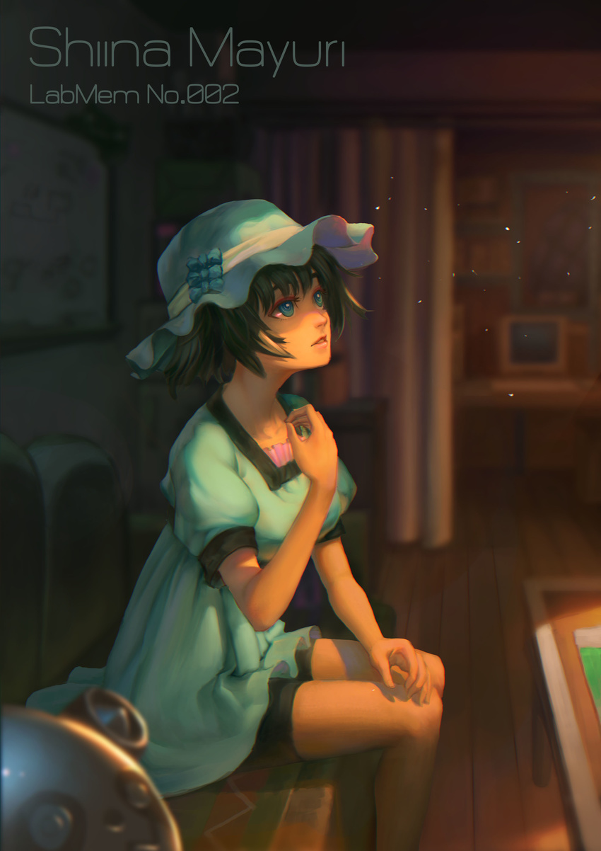 absurdres bike_shorts black_hair blue_eyes character_name computer crt dress hat highres indoors looking_up monitor renyu1012 shiina_mayuri short_hair sitting solo steins;gate table wooden_floor