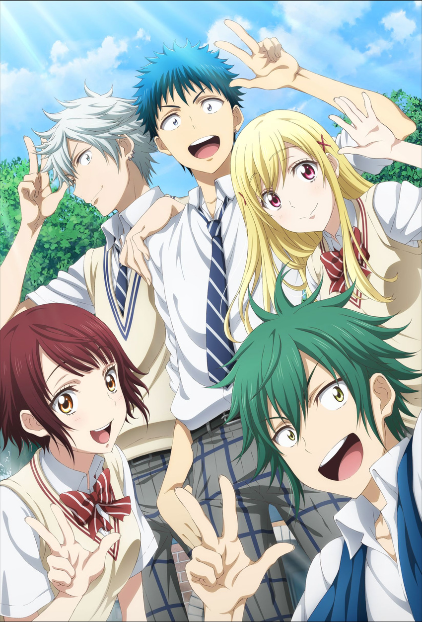 3boys absurdres blonde_hair blue_eyes blue_hair day green_hair hair_ornament highres itou_miyabi long_hair looking_at_viewer miyamura_toranosuke multiple_boys multiple_girls necktie open_mouth outdoors red_eyes red_hair shiraishi_urara silver_hair sky smile tree tsubaki_kentarou yamada-kun_to_7-nin_no_majo yamada_ryuu yellow_eyes