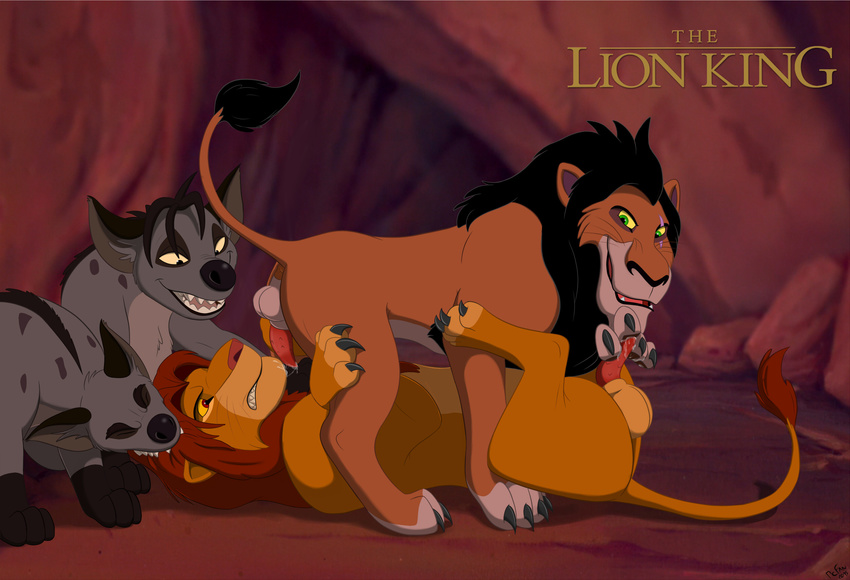 balls barbs claws clenched_teeth disney duo_focus erection feline forced grope group hyena lion lying male male/male mammal mane mcfan naughty_face on_back penis precum precum_string quadruped scar_(the_lion_king) sheath side_view simba straddling teeth the_lion_king