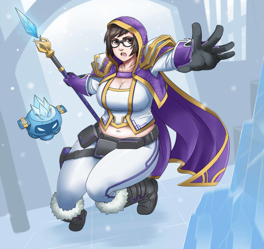 alternate_hairstyle belly blizzard_(company) boots breasts brown_hair cleavage company_connection cosplay exaxuxer full_body glasses gloves highres hood ice jaina_proudmoore jaina_proudmoore_(cosplay) large_breasts mei_(overwatch) open_mouth overwatch plump short_hair snowball_(overwatch) solo staff thighs warcraft