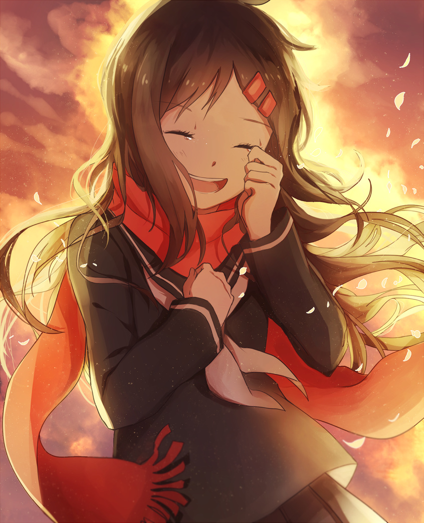 :d bad_id bad_pixiv_id brown_hair closed_eyes domik highres kagerou_project long_hair open_mouth red_scarf scarf school_uniform smile solo tateyama_ayano tears