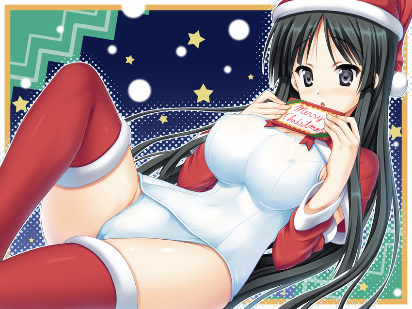 akiyama_mio black_eyes black_hair breasts cameltoe christmas covered_nipples hat huge_breasts k-on! long_hair lying one-piece_swimsuit santa_hat school_swimsuit solo swimsuit thighhighs uehiro wallpaper white_school_swimsuit white_swimsuit