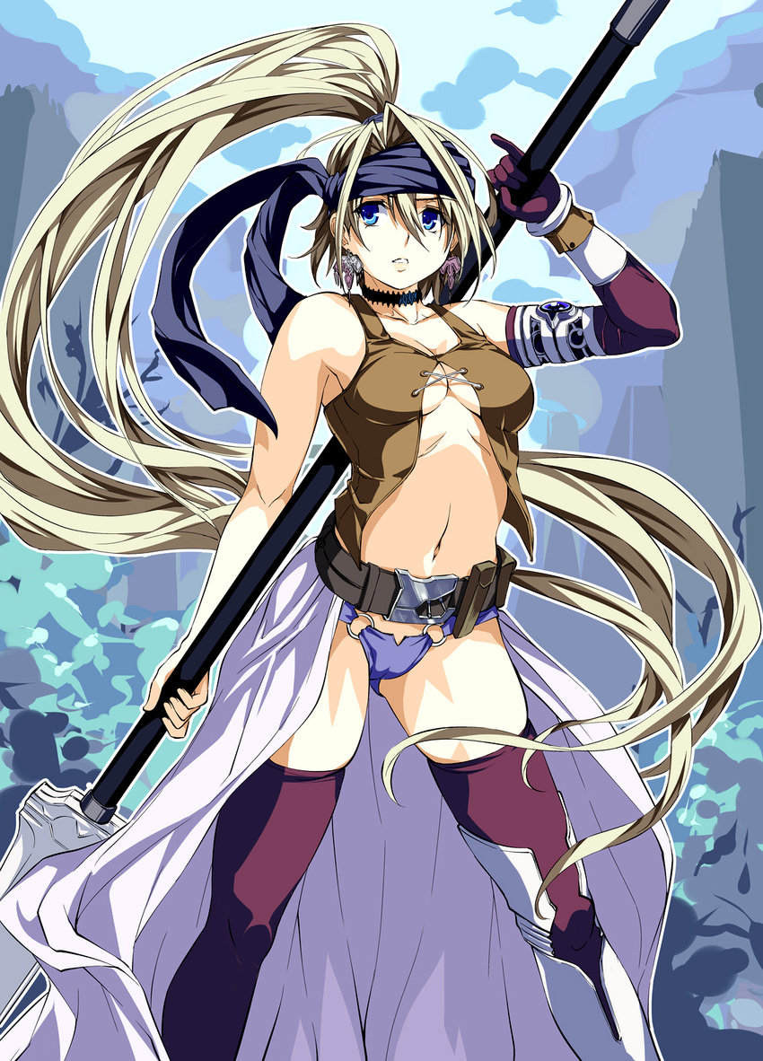 blonde_hair blue_eyes breasts earrings elbow_gloves gloves halberd highres jewelry large_breasts long_hair navel original polearm ponytail single_glove solo thighhighs tosh_(imonade_ryouchou) underboob weapon