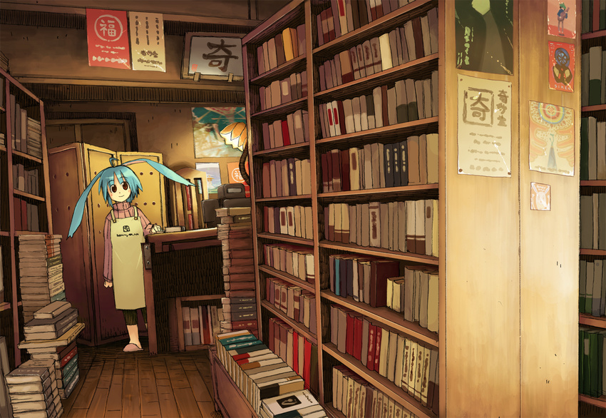 ahoge animal_ears apron blue_hair book bookshelf bookstore bunny_ears copyright_request highres indoors light poster_(object) red_eyes shop sign slippers smile solo tottori