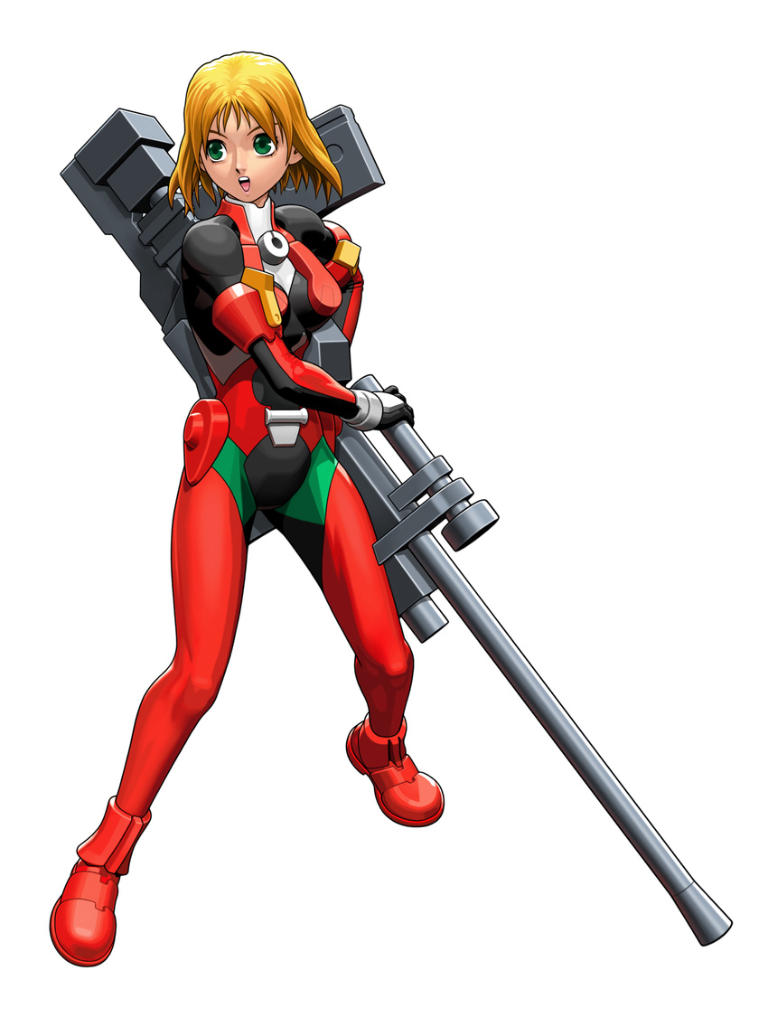 absurdres anti-materiel_rifle blonde_hair bodysuit green_eyes gun highres mori_toshiaki official_art omokane_saki open_mouth quiz_nanairo_dreams rifle scope short_hair sniper_rifle solo tatsunoko_vs_capcom weapon