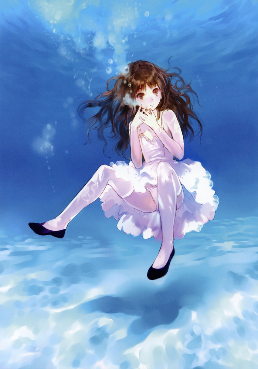 absurdres blue blue_background brown_eyes brown_hair bubble dress flat_chest flats hands_on_own_face highres kishida_mel long_hair original panties solo thighhighs underwater underwear white_dress white_legwear white_panties