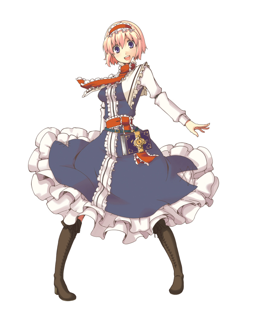 alice_margatroid blonde_hair blue_eyes book boots dress frills full_body hairband high_heels highres open_mouth pigeon-toed shoes short_hair smile solo touhou transparent_background uro