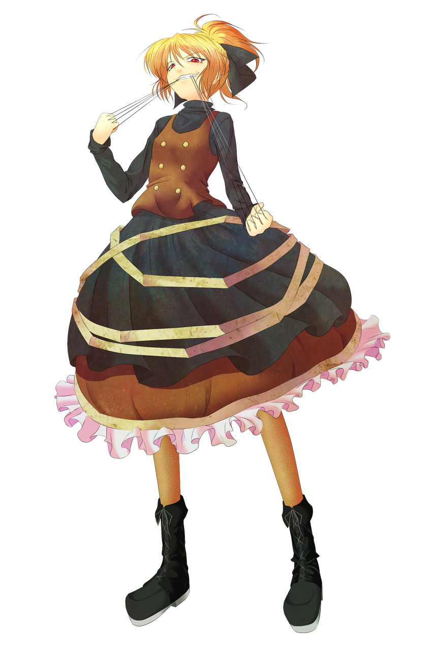 absurdres bad_id bad_pixiv_id blonde_hair boots bow dress full_body garrote grin hair_bow hellsing highres kurodani_yamame mouth_hold parody ponytail red_eyes smile so-on solo string touhou transparent_background walter_c_dornez