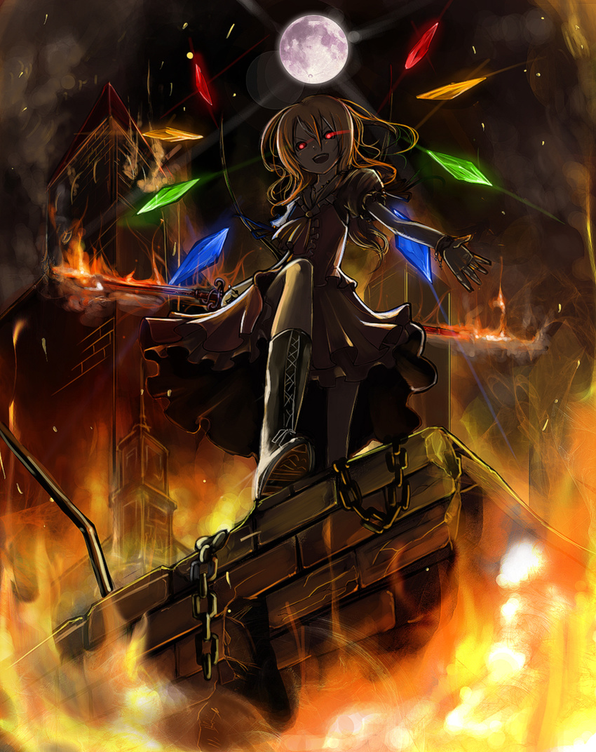 1girl bad_id bad_pixiv_id blonde_hair boots cross-laced_footwear fire flandre_scarlet from_below full_moon glowing glowing_eyes highres lace-up_boots laevatein_(touhou) light_trail moon no_headwear photoshop_(medium) ponytail red_eyes shigure_(love_letter) short_hair solo touhou weapon wings