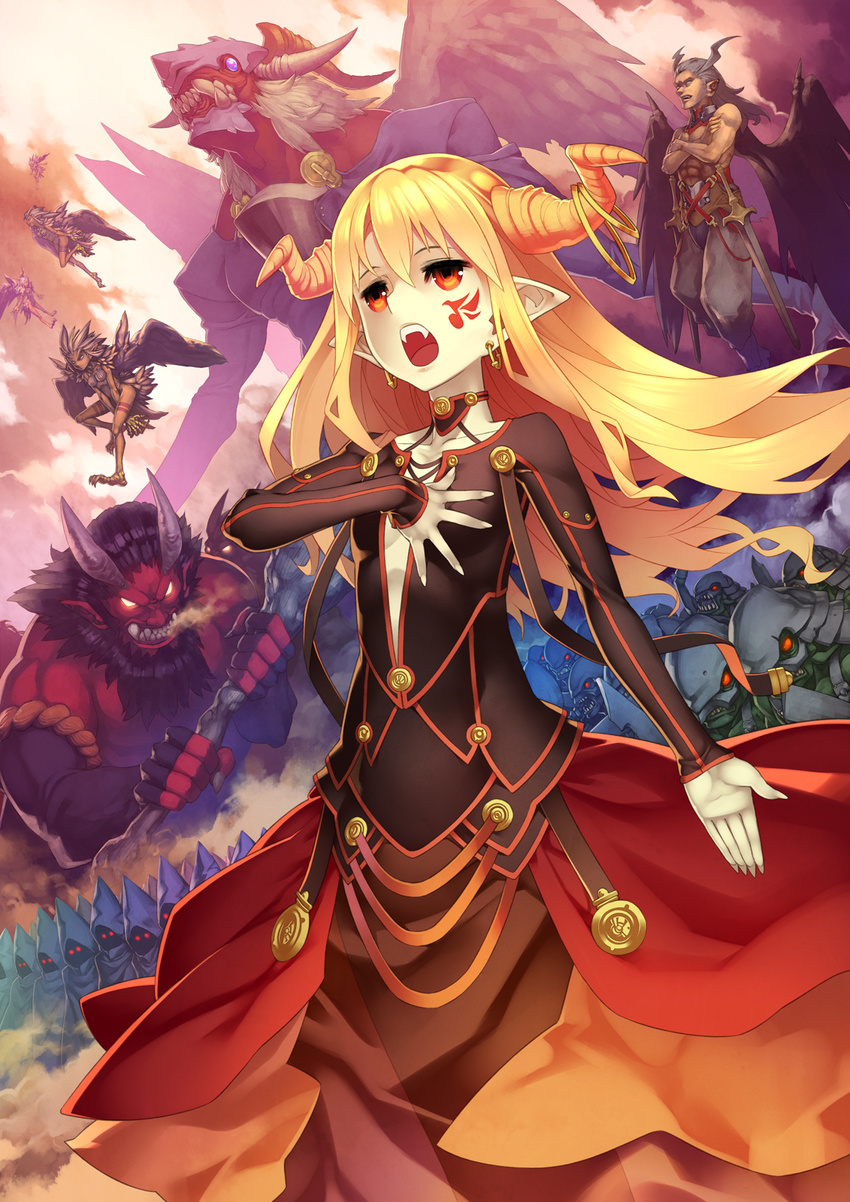 blonde_hair choker cloak cloud club demon_girl dress earrings fangs feathered_wings feathers flat_chest giant_monster goblin hand_on_own_chest harpy highres hood hooded_cloak horns jewelry kunieda long_hair long_sleeves monster_girl multiple_girls oni open_mouth original pointy_ears red_eyes sleeveless sword tattoo weapon wings