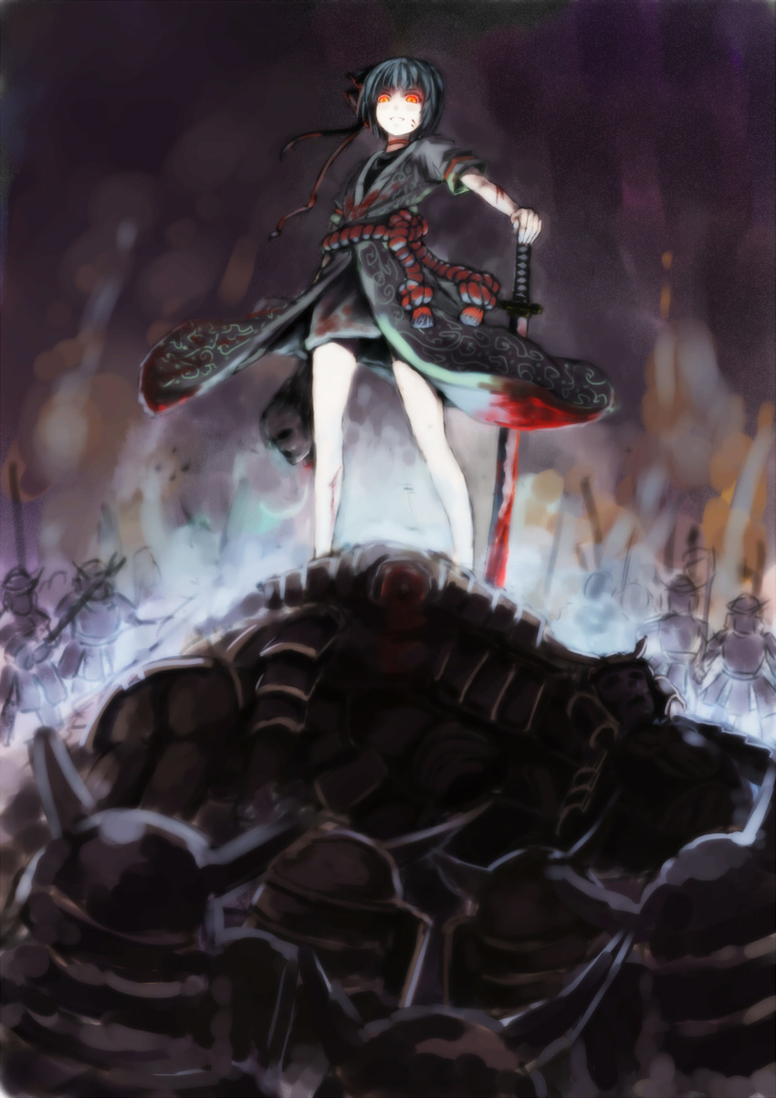 alternate_costume armor army blood dark_persona decapitation from_below glowing glowing_eyes hairband hands_on_hilt highres japanese_clothes katana konpaku_youmu legs red_eyes rope samurai severed_head short_hair solo standing sword touhou weapon wuliao555