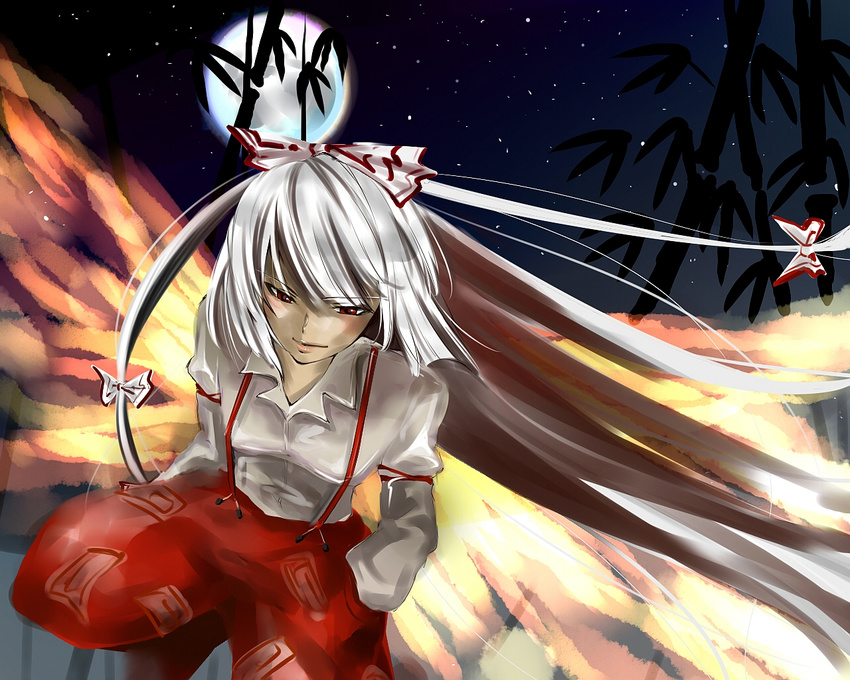 bow fiery_wings fire flying fujiwara_no_mokou full_moon hair_bow hands_in_pockets lips long_hair long_sleeves moon night night_sky pants red_eyes seitaka shirt silver_hair sky smile solo suspenders touhou white_shirt wings