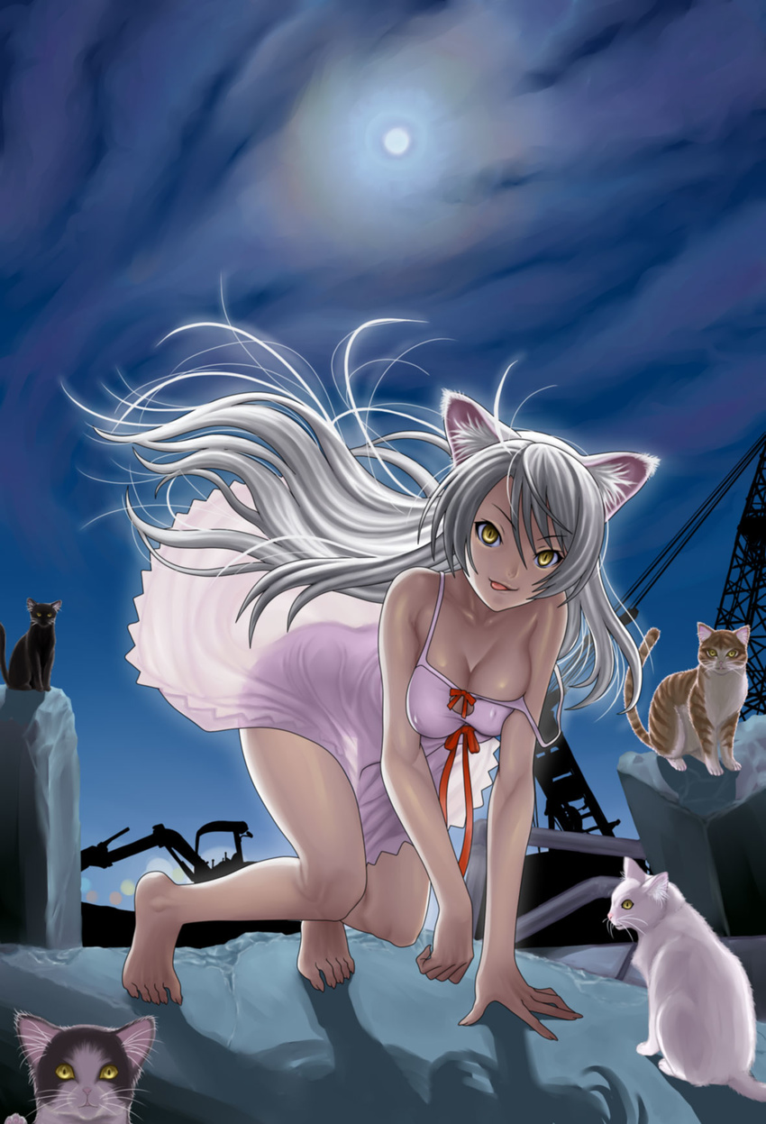 :p animal_ears bakemonogatari barefoot black_hanekawa breasts cat cat_ears cleavage feet full_moon hands hanekawa_tsubasa highres kyodairobo large_breasts legs long_hair monogatari_(series) moon nekomonogatari nightgown solo strap_slip tongue tongue_out white_hair yellow_eyes