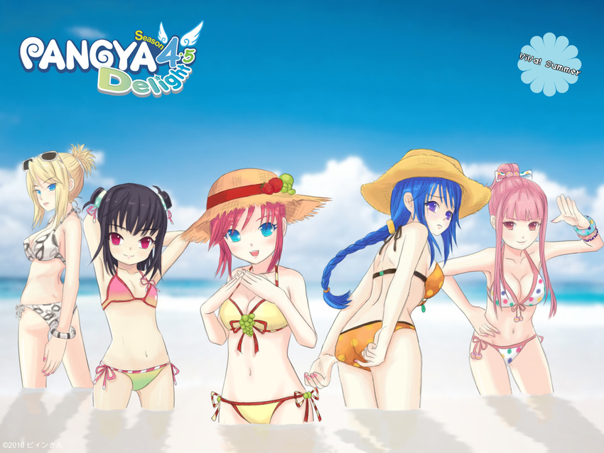 arin armpits arms_behind_head ass back beach bikini bingsang black_hair blonde_hair blue_eyes blue_hair blush bracelet braid breasts cecilia_(pangya) cleavage cloud day double_bun eyewear_on_head flat_chest front-tie_top frown hana_(pangya) hand_on_hip hands_clasped hat jewelry kooh lineup long_hair looking_back lucia_(pangya) medium_breasts multiple_girls nail_polish outdoors own_hands_together pangya pink_eyes pink_hair pink_nails polka_dot polka_dot_bikini polka_dot_swimsuit ponytail purple_eyes short_hair side-tie_bikini sky smile sunglasses swimsuit wading wallpaper water waving