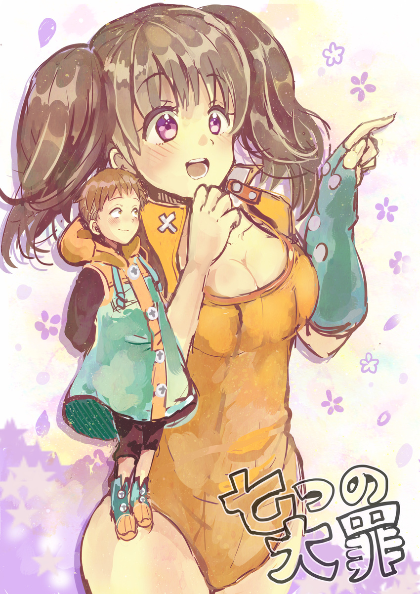 1girl :d absurdres arms_behind_back bad_id bad_pixiv_id blush boots breasts brown_eyes brown_hair buttons capri_pants cleavage clenched_hand coat copyright_name diane_(nanatsu_no_taizai) elbow_gloves fingerless_gloves floral_background flower from_side giantess gloves grey_hair happy highres hood hood_down king_(nanatsu_no_taizai) leotard light_smile long_sleeves looking_at_another looking_to_the_side looking_up medium_breasts nanatsu_no_taizai open_mouth orange_leotard pants pointing purple_eyes sakura_oriko shadow short_hair short_twintails single_glove size_difference sketch smile star starry_background twintails