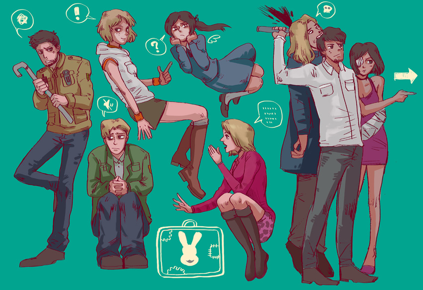 ... 4boys 4girls ? alessa_gillespie alex_shepard bad_id bad_pixiv_id beard blood blue_dress boots breasts cleavage collared_shirt directional_arrow dress eileen_galvin eyepatch facial_hair full_body green_background heather_mason henry_townshend holding hood hoodie hoodie_vest jacket james_sunderland knee_boots long_sleeves medium_breasts multiple_boys multiple_girls pipe pocket pointing ponytail shirt silent_hill silent_hill:_homecoming silent_hill_1 silent_hill_2 silent_hill_3 silent_hill_4 simple_background speech_bubble spoken_ellipsis spoken_exclamation_mark spoken_question_mark spoken_skull spoken_squiggle squatting squiggle suitcase vest walter_sullivan xddmlgb