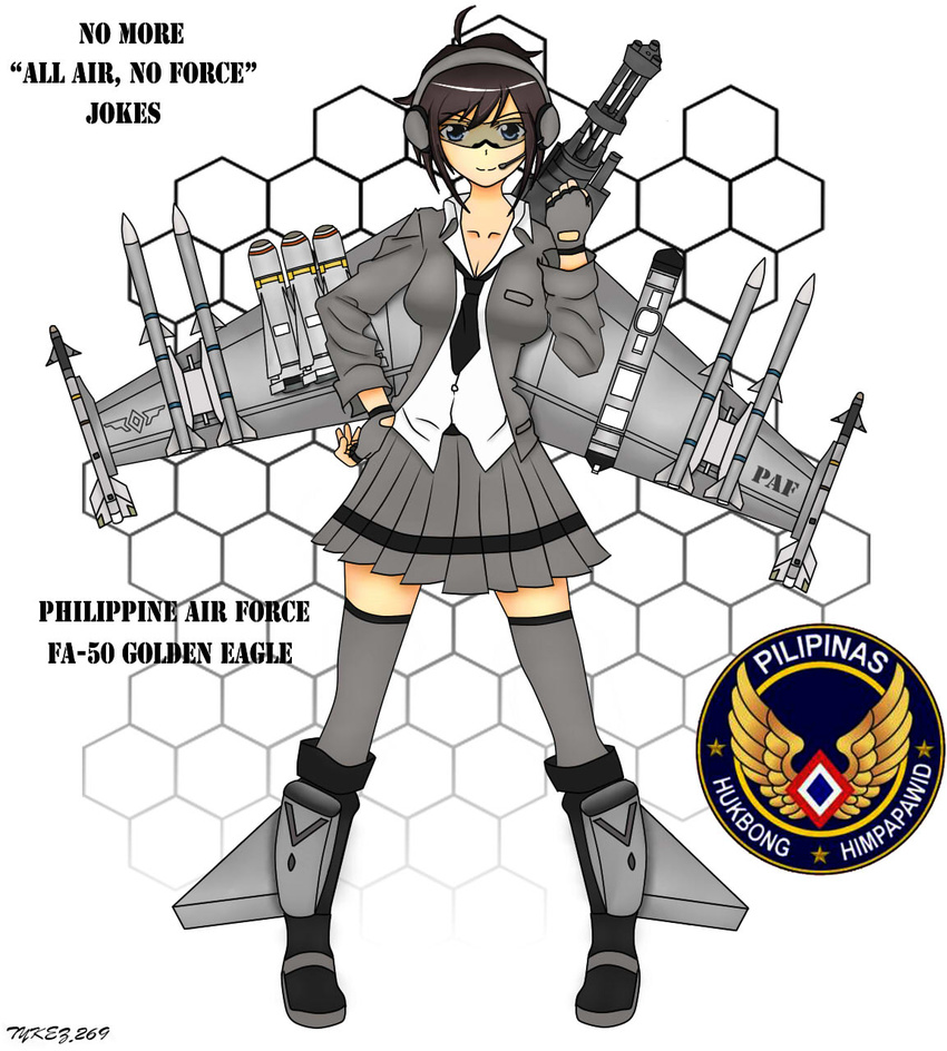 aim-120_amraam aim-9_sidewinder aircraft airplane artist_name black_hair blue_eyes brown_hair hexagon highres kai_t-50_golden_eagle mecha_musume missile original school_uniform short_hair signature solo tykez269 weapon