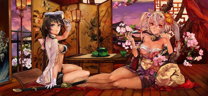 absurdres adjusting_clothes adjusting_hat airbrush_(medium) alternate_costume alternate_headwear architecture arm_at_side bangs bare_legs barefoot black_hair black_shorts blue_eyes bra breasts budget_sarashi bug butterfly cherry_blossoms chrysanthemum collar collarbone cup east_asian_architecture eyelashes female_admiral_(kantai_collection) floral_print flower folding_screen gloves hair_between_eyes hair_flower hair_ornament hair_ribbon hair_stick hairband hat highres holding holding_pipe indoors insect jacket jacket_on_shoulders japanese_clothes kantai_collection katana kikumon kimono kiseru lace lace-trimmed_bra lamp lantern large_breasts lips long_hair looking_at_viewer looking_to_the_side makeup mascara medium_breasts military military_hat military_rank_insignia military_uniform mixed_media mountain multiple_girls musashi_(kantai_collection) obi off_shoulder on_floor open_clothes open_fly open_kimono open_shirt paper_lantern parted_lips peaked_cap pipe ponytail poyan_noken purple_sky reclining red_eyes ribbon sakuramon sarashi sash scabbard sheath sheathed shirt short_kimono shorts sideboob sitting sky sliding_doors sword table teapot traditional_media tree_branch twilight two_side_up underboob underwear uniform unzipped watercolor_pencil_(medium) weapon white_gloves white_hair white_jacket wooden_floor wrist_ribbon yokozuwari yunomi yuujo