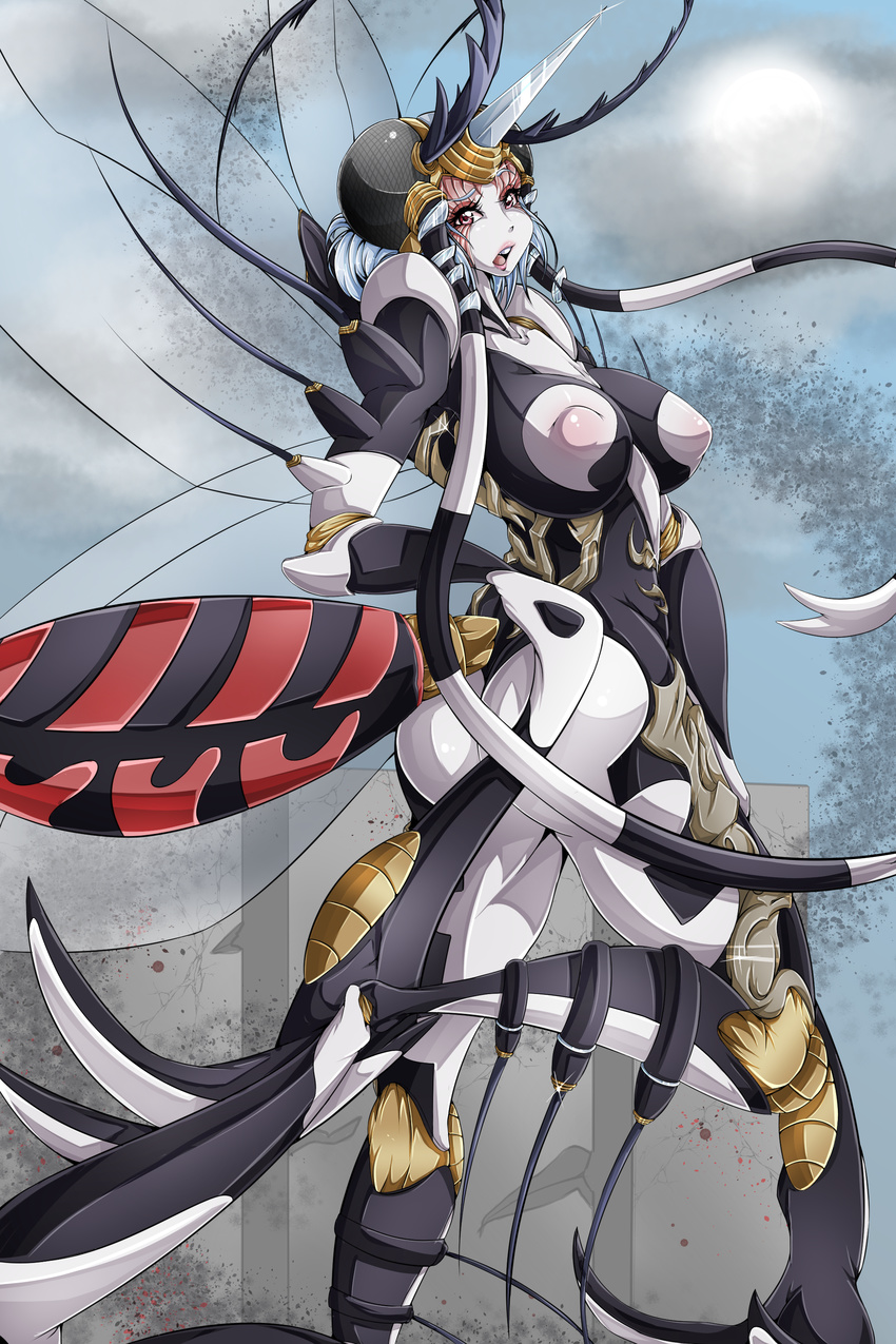 absurd_res antennae anthro arthropod big_breasts breasts butt clothing erect_nipples female hair hi_res insect mosquito nipples open_mouth pose suddenhack tight_clothing white_hair wings