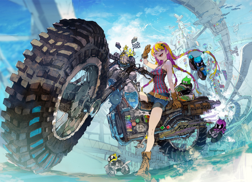 1girl :d bare_shoulders belt black_bra blonde_hair blue_sky boots bra braid breasts brown_gloves checkered checkered_flag city cloud demizu_posuka denim denim_shorts flag flying gloves ground_vehicle hair_ornament helmet high_heels long_hair looking_at_viewer motor_vehicle motorcycle multicolored_hair open_mouth original outdoors purple_eyes purple_hair riding shorts sitting sky sleeveless smile smoke star sweatdrop teeth tongue twin_braids two-tone_hair underwear very_long_hair