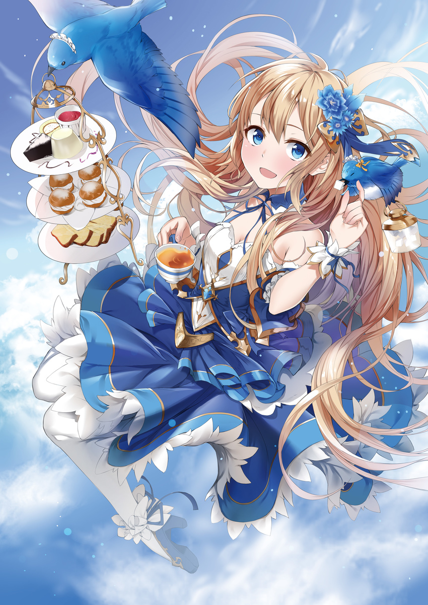 :d absurdres animal bare_shoulders bird black_eyes blonde_hair blue_dress blue_eyes blue_feathers blue_flower blue_footwear blue_ribbon blue_sky bluebird blush bow breasts choker cleavage closed_eyes cup dress floating flower food frilled_dress frills gem hair_flower hair_ornament heirou high_heels highres holding holding_cup jewelry long_hair lying maid_headdress mouth_hold open_mouth orange_bow original pantyhose petting ribbon sapphire_(stone) shoes sky small_breasts smile solo sweets tea teacup tiered_tray very_long_hair white_legwear wrist_cuffs