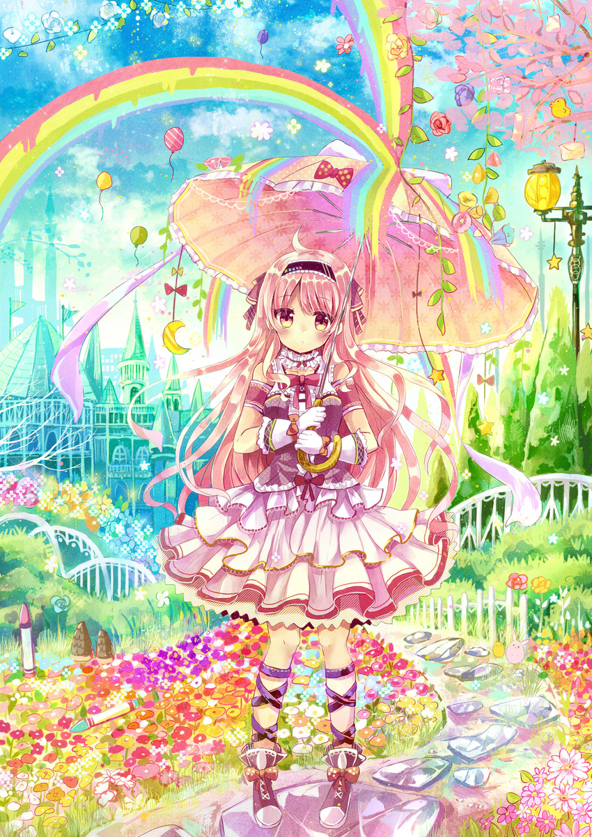 absurdres ahoge ankle_lace-up armband balloon bangs blouse blue_sky blush bow castle crescent cross-laced_footwear expressionless fence flower frilled_shirt_collar frills garden gloves hairband highres holding holding_umbrella lamppost layered_skirt long_hair looking_at_viewer mushroom original outdoors parasol pennant pink_bow pink_eyes pink_hair plant rainbow sakura_oriko shoes skirt sky sleeveless solo star stepping_stones tree umbrella very_long_hair white_gloves white_skirt wooden_fence