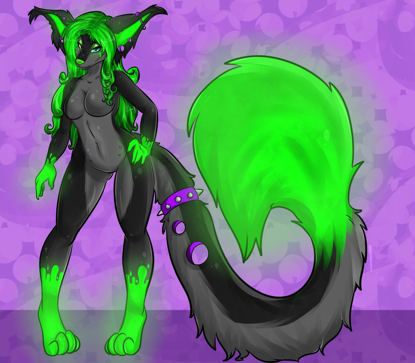 anthro breasts canine collar ear_piercing featureless_breasts featureless_crotch female fur green_hair grey_fur hair half-closed_eyes kammymau looking_at_viewer mammal nude piercing simple_background smile solo spiked_collar standing