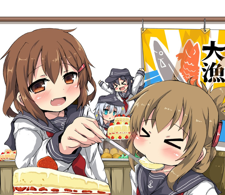 &gt;_&lt; akatsuki_(kantai_collection) anchor_symbol blue_eyes blush blush_stickers brown_eyes brown_hair cake closed_eyes commentary_request eating fang feeding folded_ponytail food hibiki_(kantai_collection) ikazuchi_(kantai_collection) inazuma_(kantai_collection) kantai_collection long_hair looking_at_viewer multiple_girls neckerchief open_mouth oshiruko_(uminekotei) outstretched_arms purple_hair red_neckwear school_uniform serafuku silver_hair sparkle spoon tairyou-bata