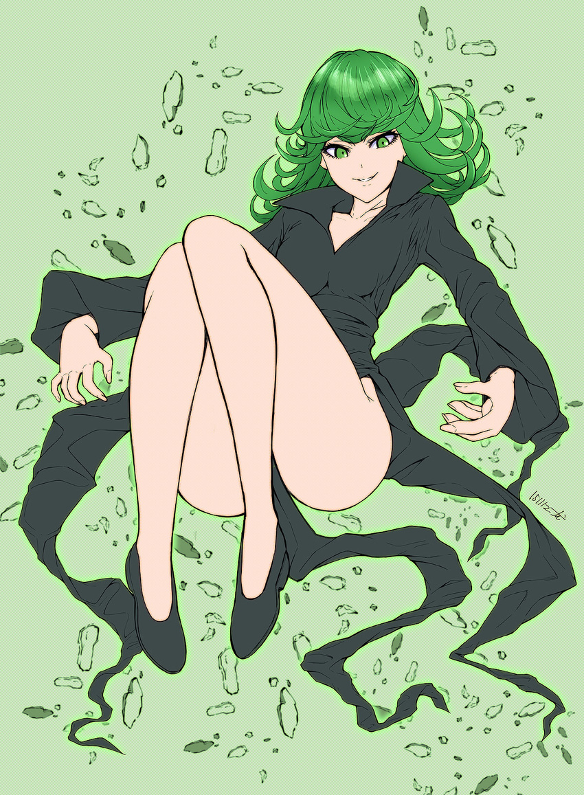 black_dress dress full_body green_eyes green_hair highres looking_at_viewer one-punch_man smile solo tatsumaki telekinesis yoshida_inuhito