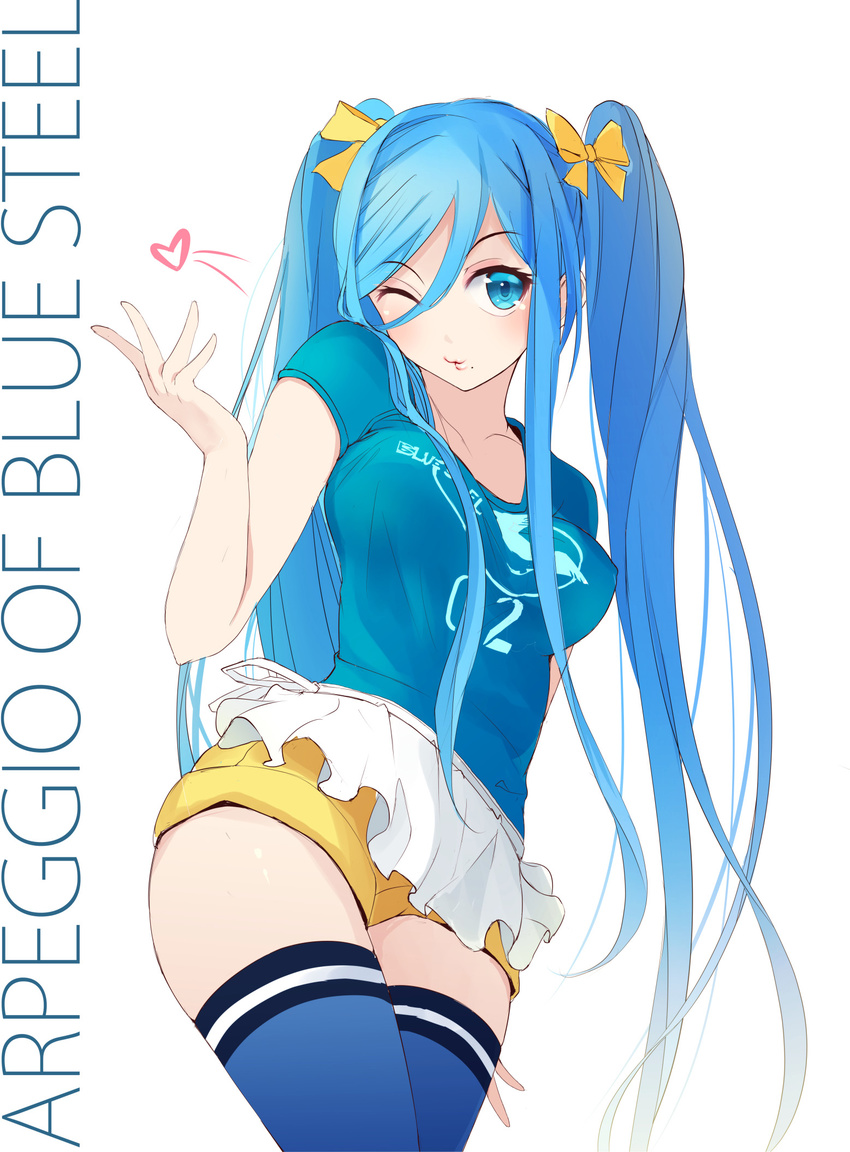 ;3 aoki_hagane_no_arpeggio blue_eyes blue_hair blue_legwear bow breasts commentary_request copyright_name cowboy_shot heart highres looking_at_viewer medium_breasts mole mole_under_mouth shirt short_shorts short_sleeves shorts simple_background smile solo standing takao_(aoki_hagane_no_arpeggio) tebi_(tbd11) thighhighs twintails white_background
