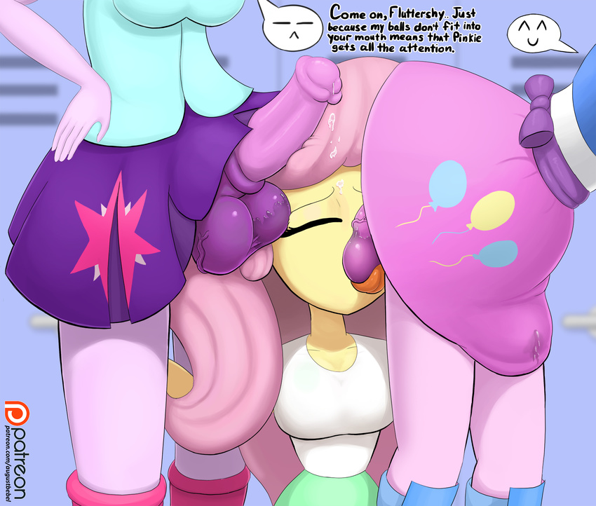 2015 animal_genitalia augustbebel balls big_balls clothed clothing dialogue dickgirl dickgirl/female english_text equestria_girls erection eyes_closed female fluttershy_(eg) group hair horsecock human inside intersex intersex/female long_hair mammal my_little_pony oral penis pink_hair pinkie_pie_(eg) skirt text tongue tongue_out twilight_sparkle_(eg) vein yellow_skin