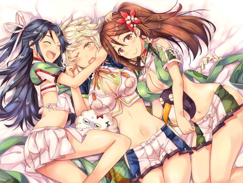 ^_^ amagi_(kantai_collection) bell black_hair blonde_hair blush braid breasts brown_hair choker cleavage cleavage_cutout closed_eyes failure_penguin flower girl_sandwich hair_flower hair_ornament hair_ribbon hug jingle_bell kantai_collection katsuragi_(kantai_collection) large_breasts long_hair looking_at_viewer lying midriff miniskirt miss_cloud multiple_girls navel on_back pleated_skirt ponytail ribbon sandwiched short_sleeves side_slit single_braid skirt smile stomach stuffed_animal stuffed_penguin stuffed_toy takitarou unryuu_(kantai_collection) very_long_hair wavy_mouth white_ribbon white_skirt wince