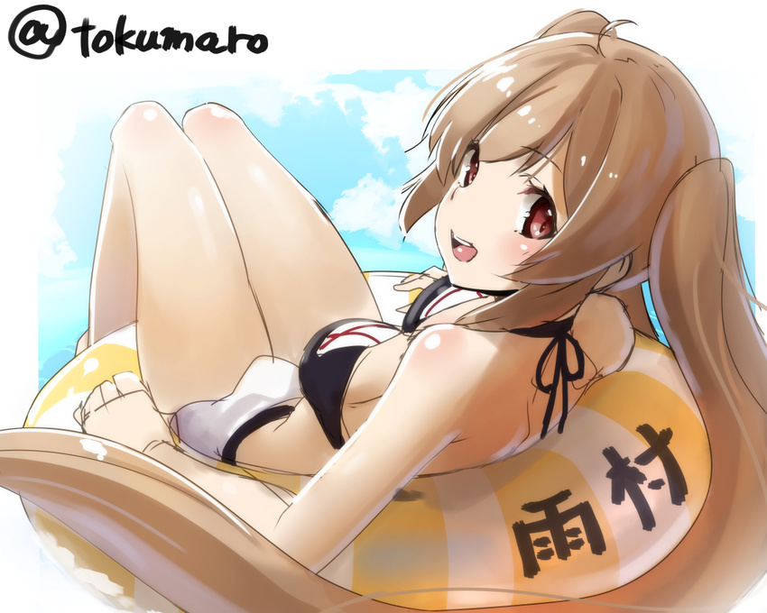 ahoge bare_shoulders breasts character_name cloud innertube kantai_collection light_brown_hair long_hair looking_at_viewer looking_back lying medium_breasts murasame_(kantai_collection) on_back open_mouth red_eyes reflection smile solo swimsuit tokumaro twintails twitter_username very_long_hair water