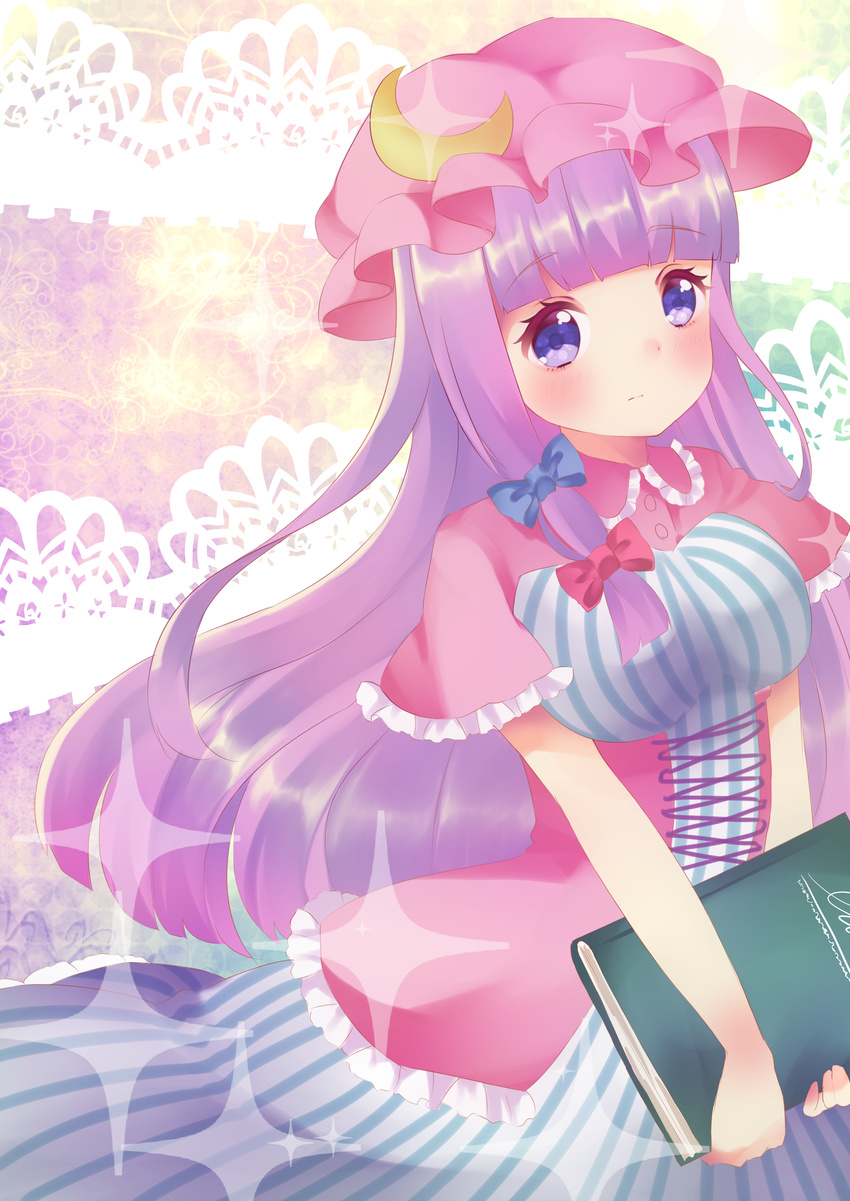 absurdres blue_eyes blush book capelet crescent crescent_hair_ornament dress expressionless gradient gradient_background hair_ornament hat hige_(nyokanyoka) highres lace_background long_hair looking_at_viewer mob_cap patchouli_knowledge purple_hair robe solo sparkle striped striped_dress touhou very_long_hair