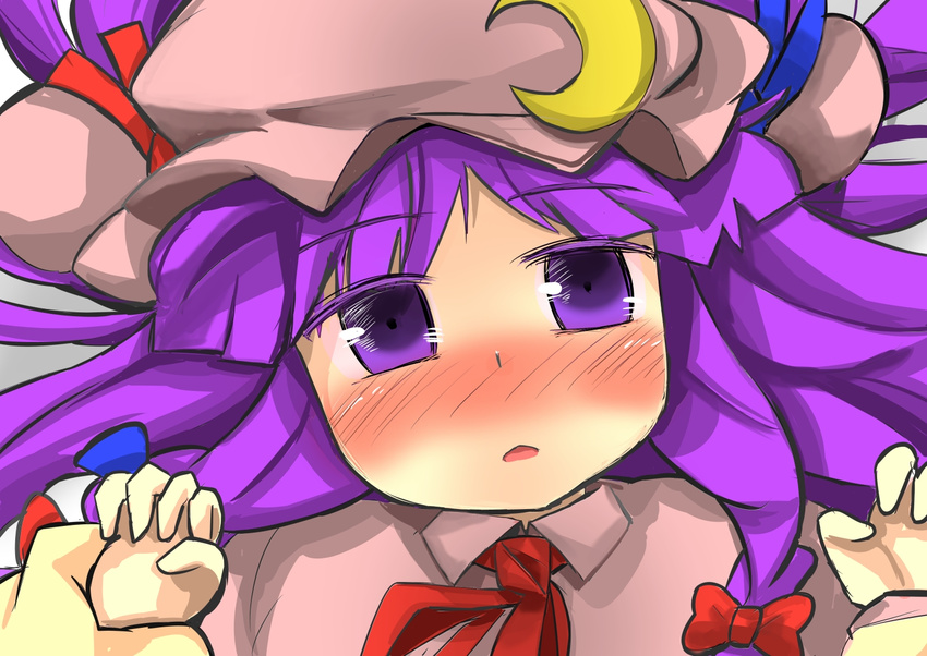 blush bow crescent crescent_hair_ornament gaoo_(frpjx283) hair_bow hair_ornament hat long_hair lying mob_cap open_mouth patchouli_knowledge purple_eyes purple_hair solo touhou