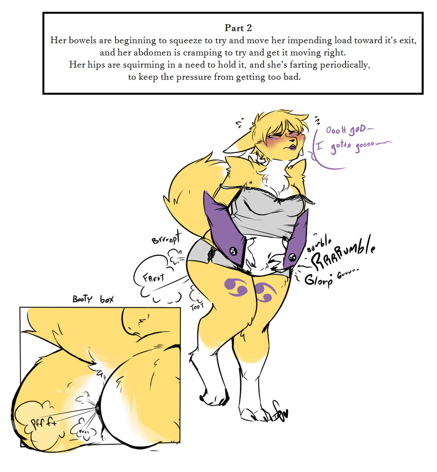 2015 anthro belly_noises black_sclera butt canine clothing digimon fart female fox implied_scat mammal renamon squidbiscuit tagme