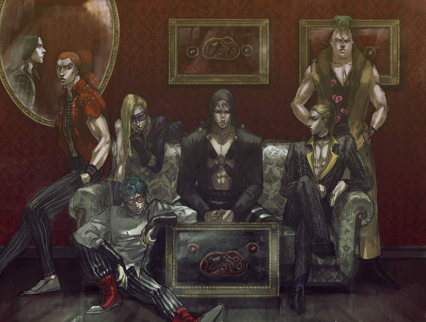 absurdres asymmetrical_clothes bad_id bad_pixiv_id black_hair black_sclera blonde_hair blue_hair chiruchiru couch crossed_legs curly_hair formaggio frame ghiaccio gloves green_hair hands_in_pockets hat highres illuso jacket jojo_no_kimyou_na_bouken long_hair mask melone mirror multiple_boys muscle orange_eyes orange_hair pants pesci prosciutto purple_eyes purple_gloves quad_tails red_eyes reflection risotto_nero shoes sitting sneakers striped striped_pants vest wallpaper white_hair