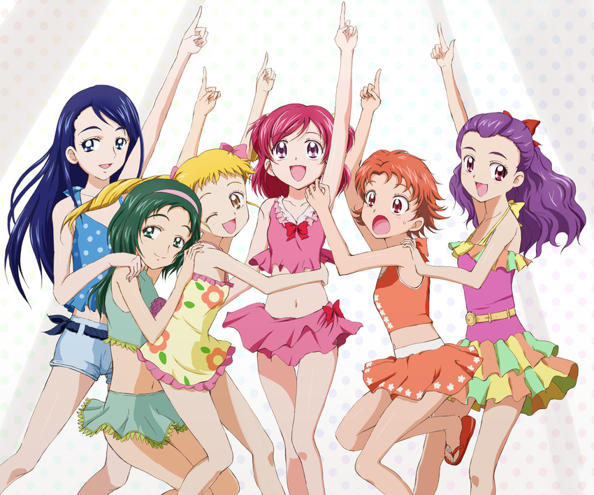 :d :o akimoto_komachi arm_up bikini bikini_skirt blonde_hair blue_eyes blue_hair brown_eyes casual_one-piece_swimsuit green_eyes green_hair hairband highres kasugano_urara_(yes!_precure_5) kinfuji long_hair midriff mimino_kurumi minazuki_karen multiple_girls natsuki_rin navel one-piece_swimsuit open_mouth pointing pointing_up polka_dot polka_dot_background precure purple_eyes purple_hair red_eyes red_hair short_hair shorts smile swimsuit thigh_gap twintails two_side_up very_short_hair yes!_precure_5 yes!_precure_5_gogo! yumehara_nozomi