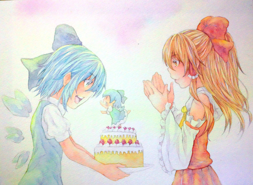 :d blue_dress blue_eyes blue_hair bow brown_hair cake cirno clapping detached_sleeves dress food giving hair_bow hair_tubes hakurei_reimu highres holding ice ice_wings long_hair looking_at_another multiple_girls open_mouth pink_background profile puffy_short_sleeves puffy_sleeves short_hair short_sleeves smile touhou traditional_media upper_body watercolor_(medium) wings yuyu_(00365676)