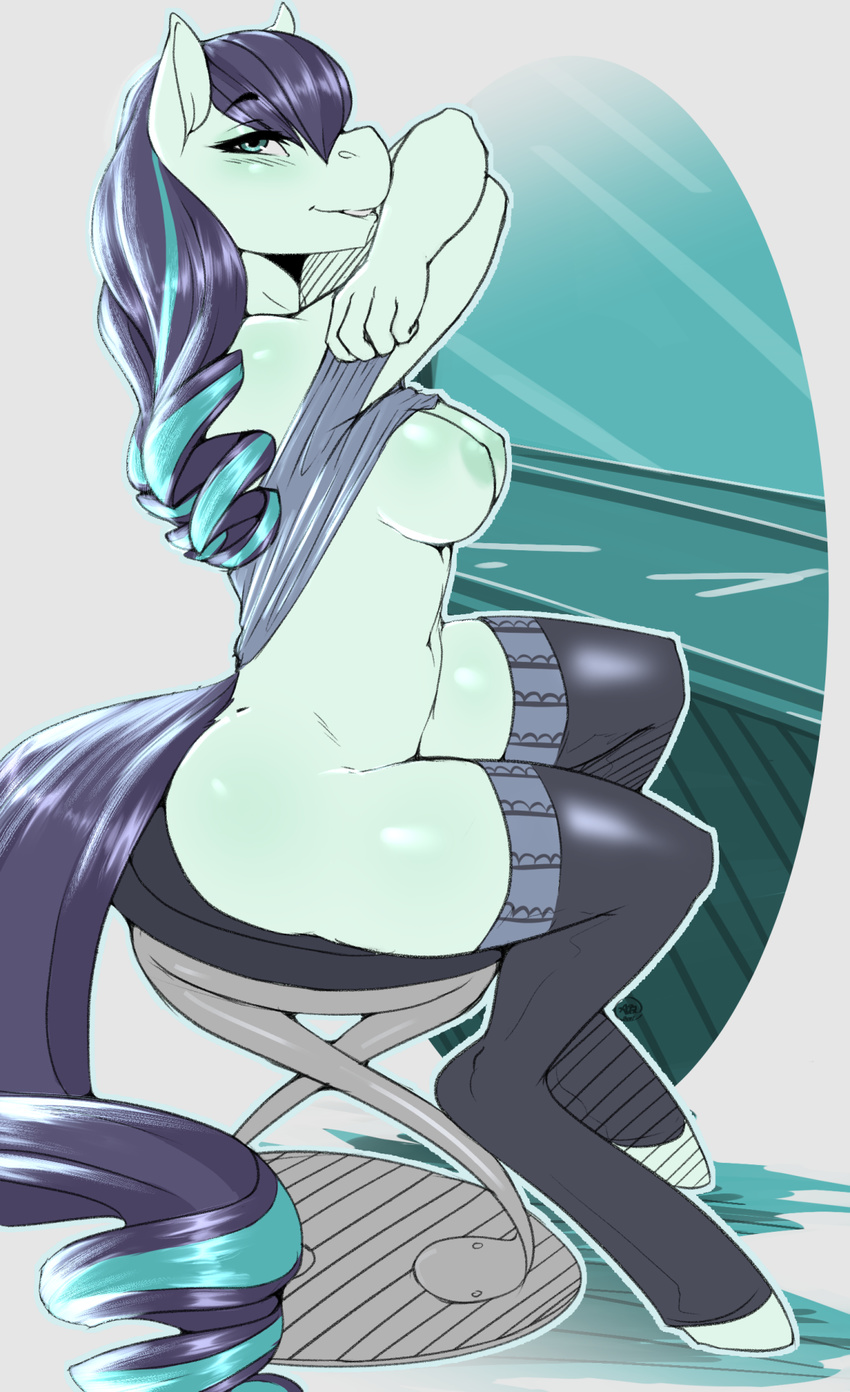 2015 anthro anthrofied avante92 biting_lip blue_eyes blush breasts butt clothed clothing coloratura_(mlp) countess_"rara"_coloratura earth_pony equine female friendship_is_magic fur hair half-dressed hooves horny horse inviting legwear light_blue_fur long_hair looking_at_viewer mammal multicolored_hair my_little_pony nipples pony shirt shirt_lift sitting smile solo stockings stool two_tone_hair undressed undressing