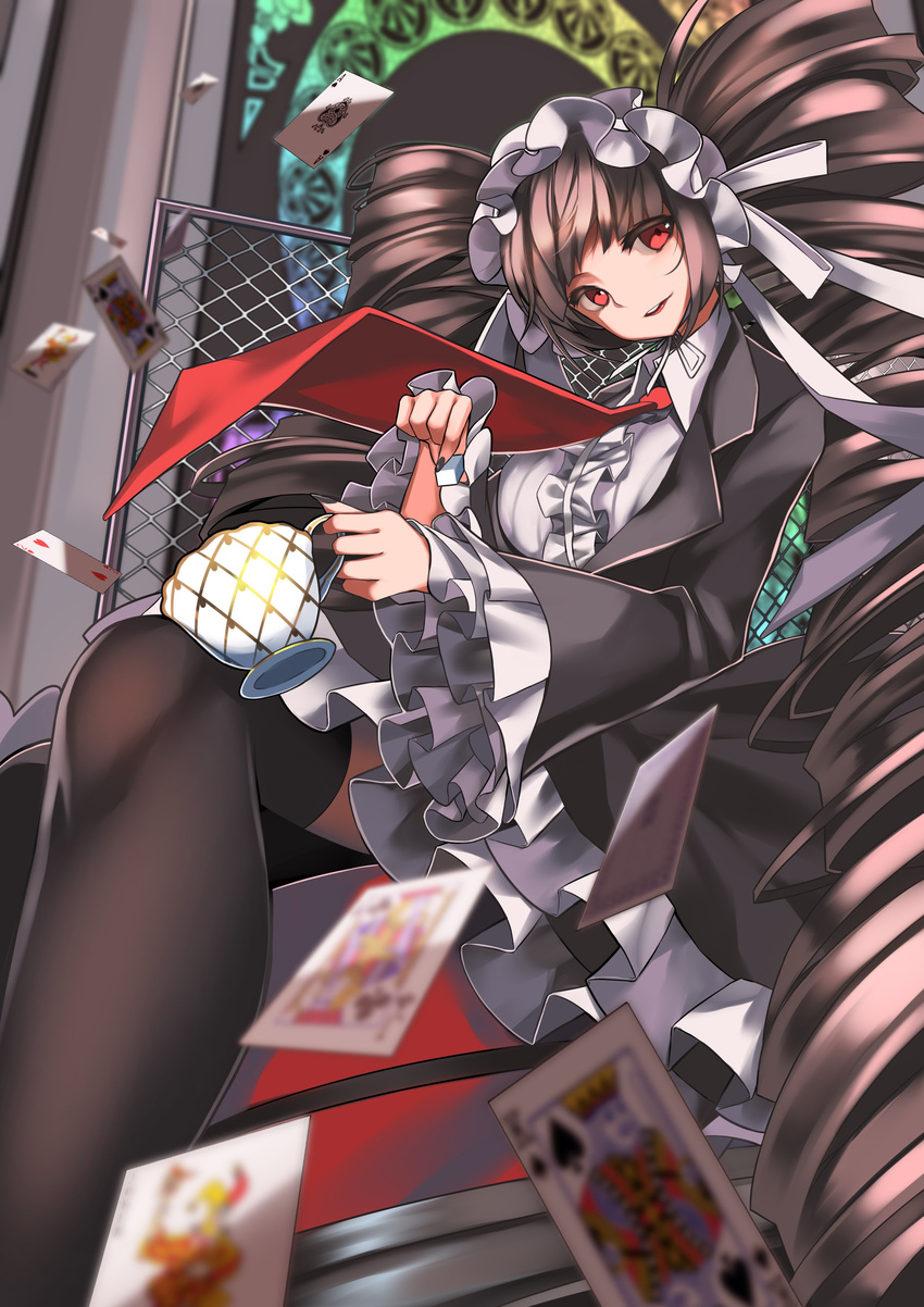 absurdly_long_hair absurdres bangs black_legwear black_nails blunt_bangs brown_hair card celestia_ludenberck collar cup danganronpa danganronpa_1 drill_hair fence formal frilled_sleeves frills gothic_lolita head_tilt highres holding holding_cup indoors jacket lolita_fashion long_hair looking_at_viewer maid_headdress nail_polish necktie open_clothes open_jacket red_eyes red_neckwear ribbon sitting slumcat solo suit thighhighs twin_drills very_long_hair white_ribbon wide_sleeves window