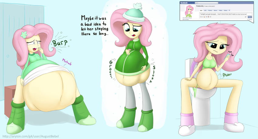 2015 augustbebel belly big_belly big_breasts blue_eyes breasts burping chubby clothing digestion english_text equestria_girls female fluttershy_(eg) hair human legwear long_hair mammal my_little_pony open_mouth overweight pink_hair simple_background solo text vore yellow_skin