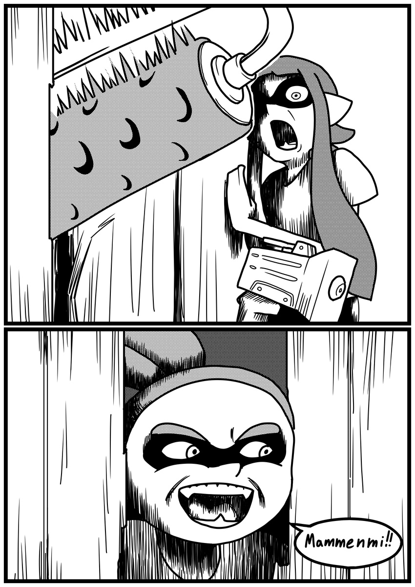 1girl absurdres catchphrase domino_mask fangs greyscale here's_johnny! highres inkling long_hair mask monochrome open_mouth paint_roller parody pointy_ears ponkuta romaji splat_roller_(splatoon) splatoon_(series) splatoon_1 splattershot_jr_(splatoon) super_soaker tentacle_hair the_shining